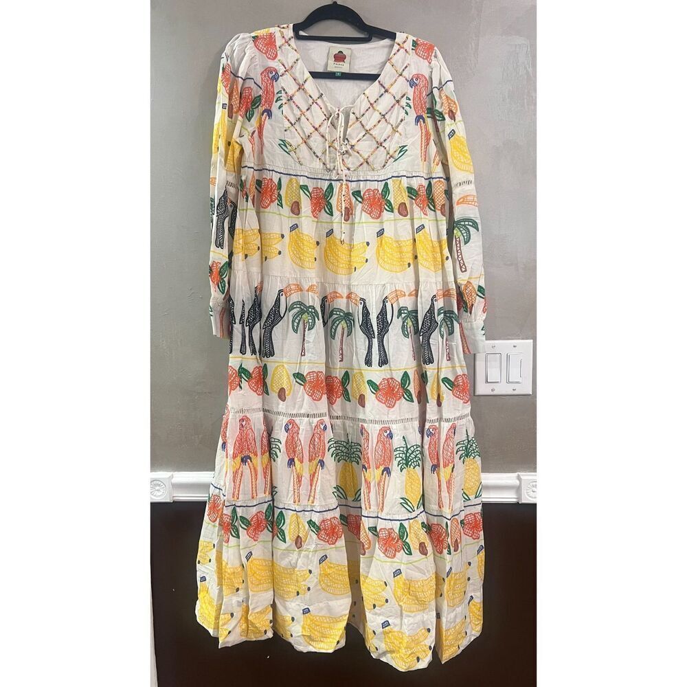 Farm Rio Off-White Tropicolors Yoke Embroidered Midi Dress Small NEW - Picture 4 of 7
